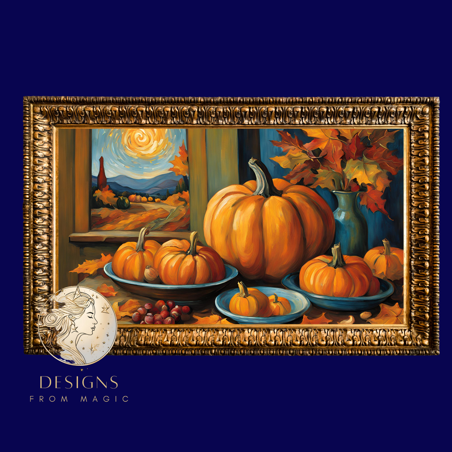 a painting of pumpkins on a table with a clock