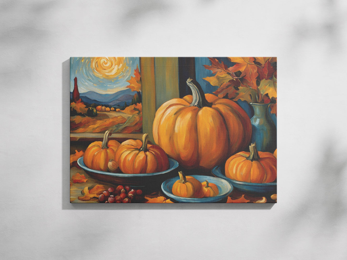 a painting of pumpkins on a table