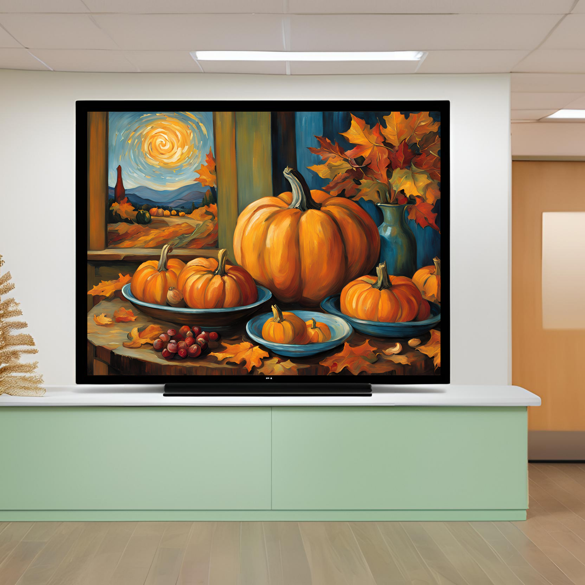 a painting of pumpkins on a table in front of a window