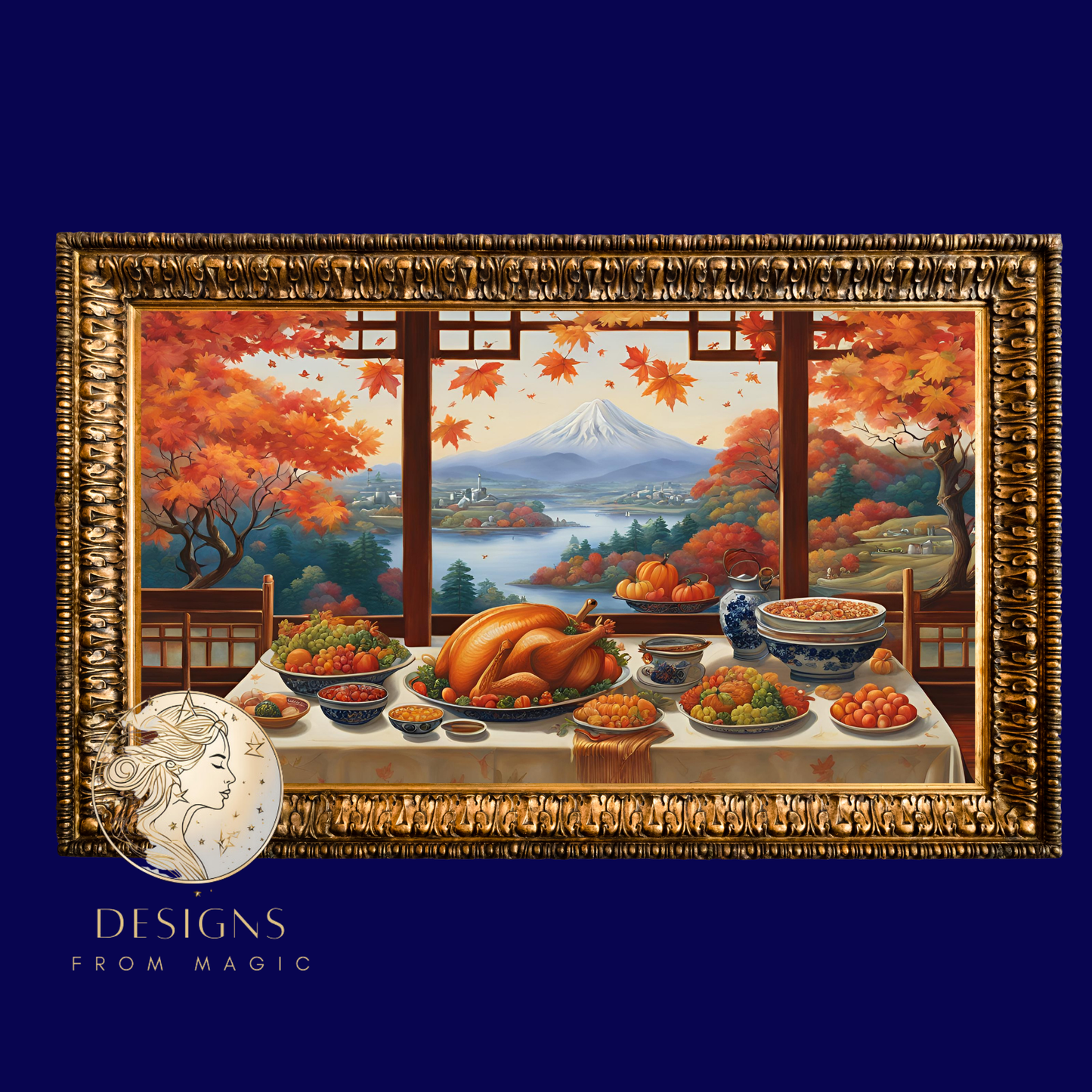 a painting of a table with a turkey on it