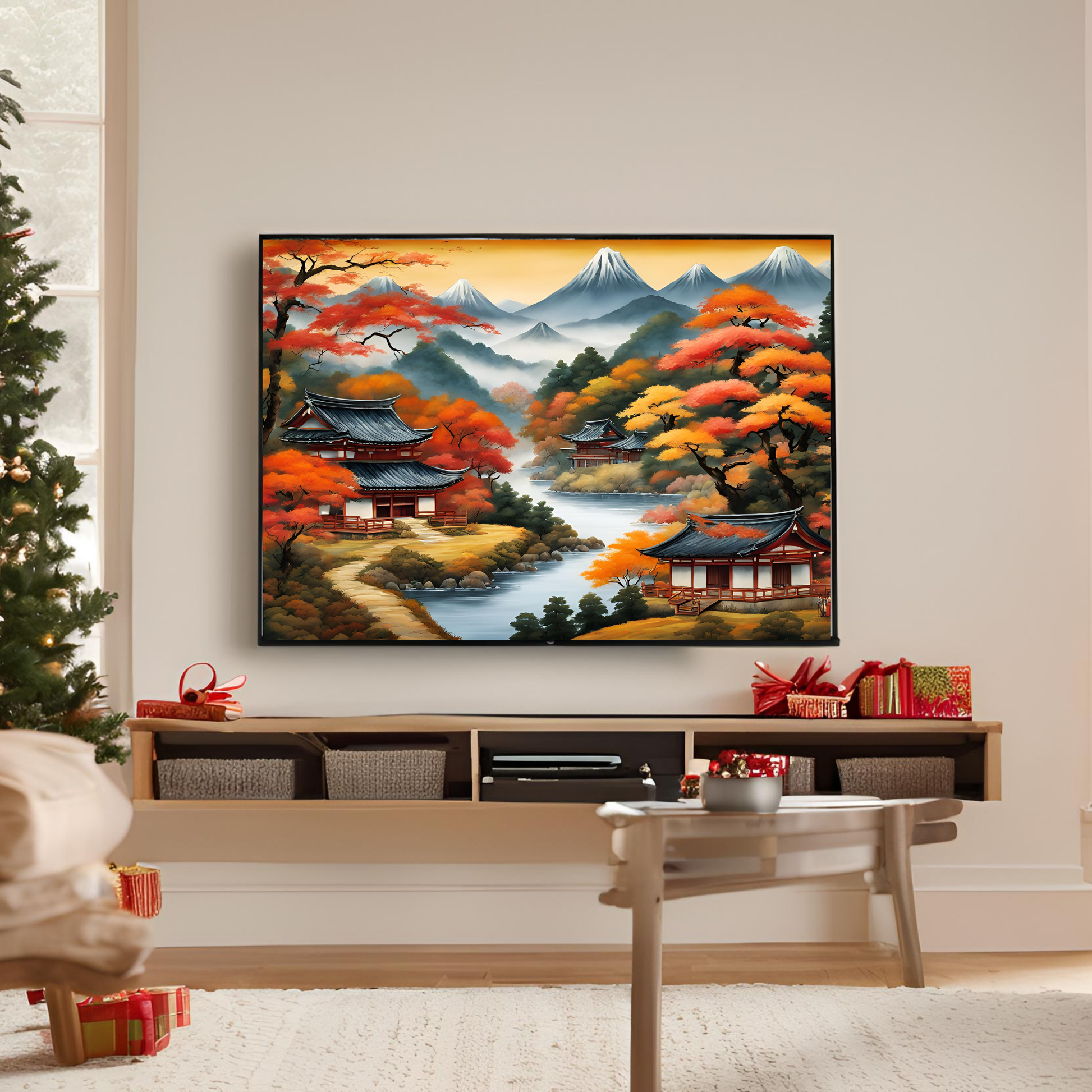 a living room with a christmas tree and a painting on the wall