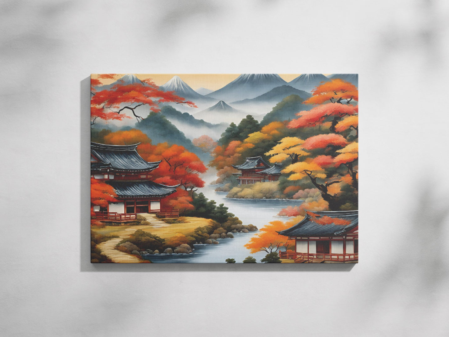 a painting on a wall of a chinese landscape