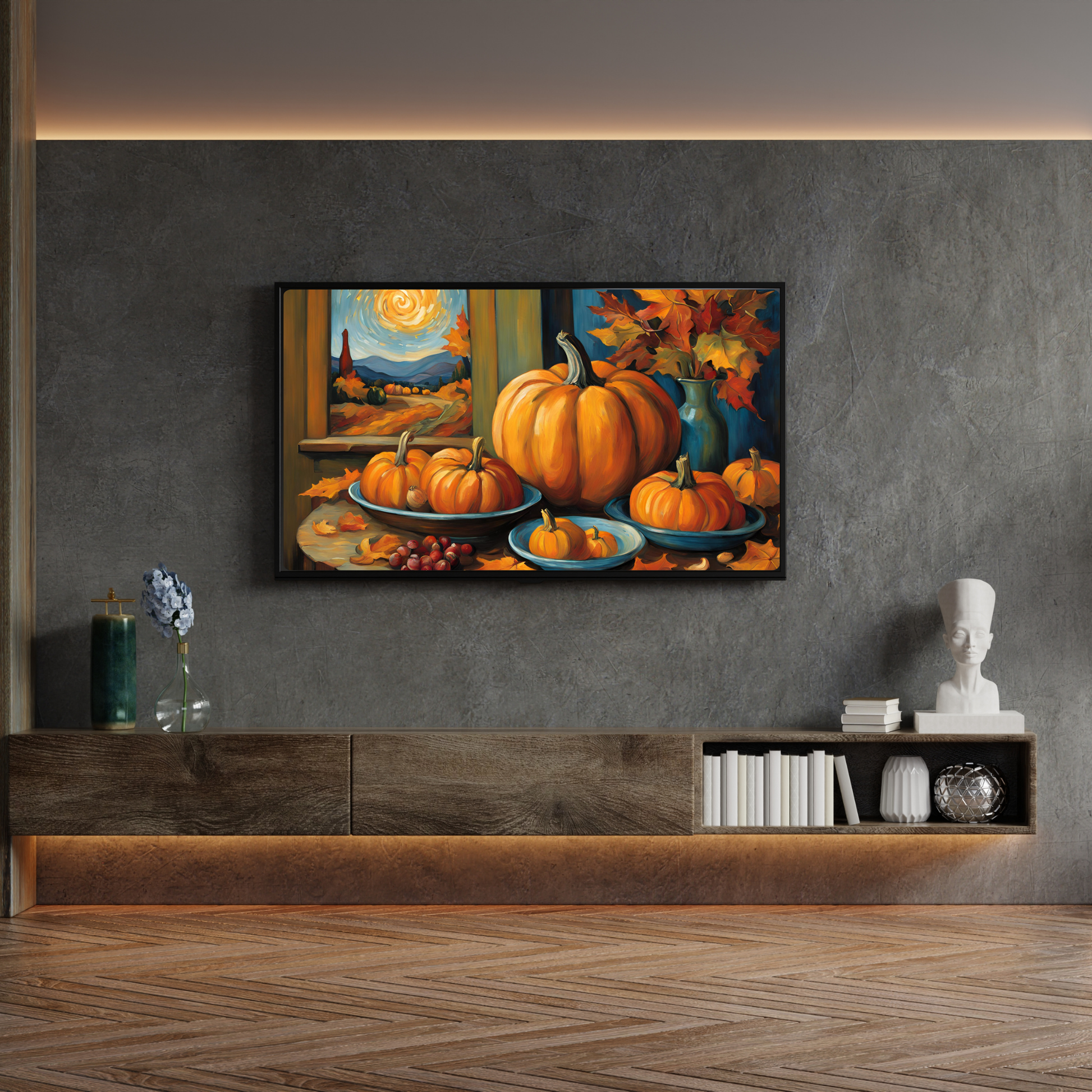 a painting of pumpkins on a shelf in a living room