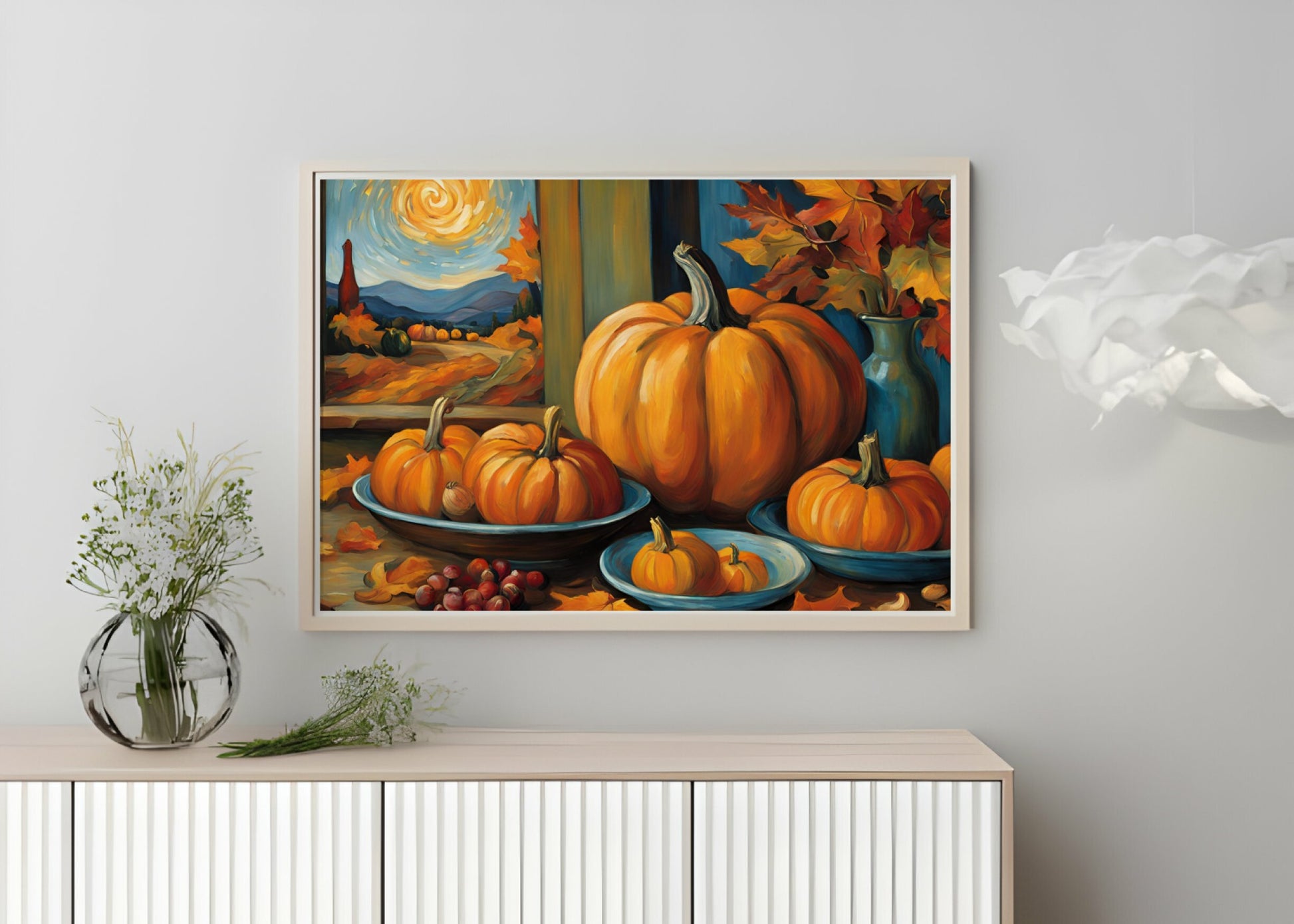 a painting of pumpkins on a dresser next to a vase