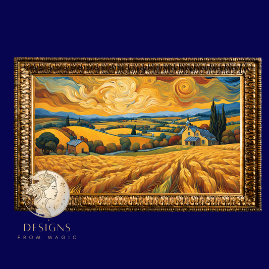 a painting of a wheat field with a sunset in the background