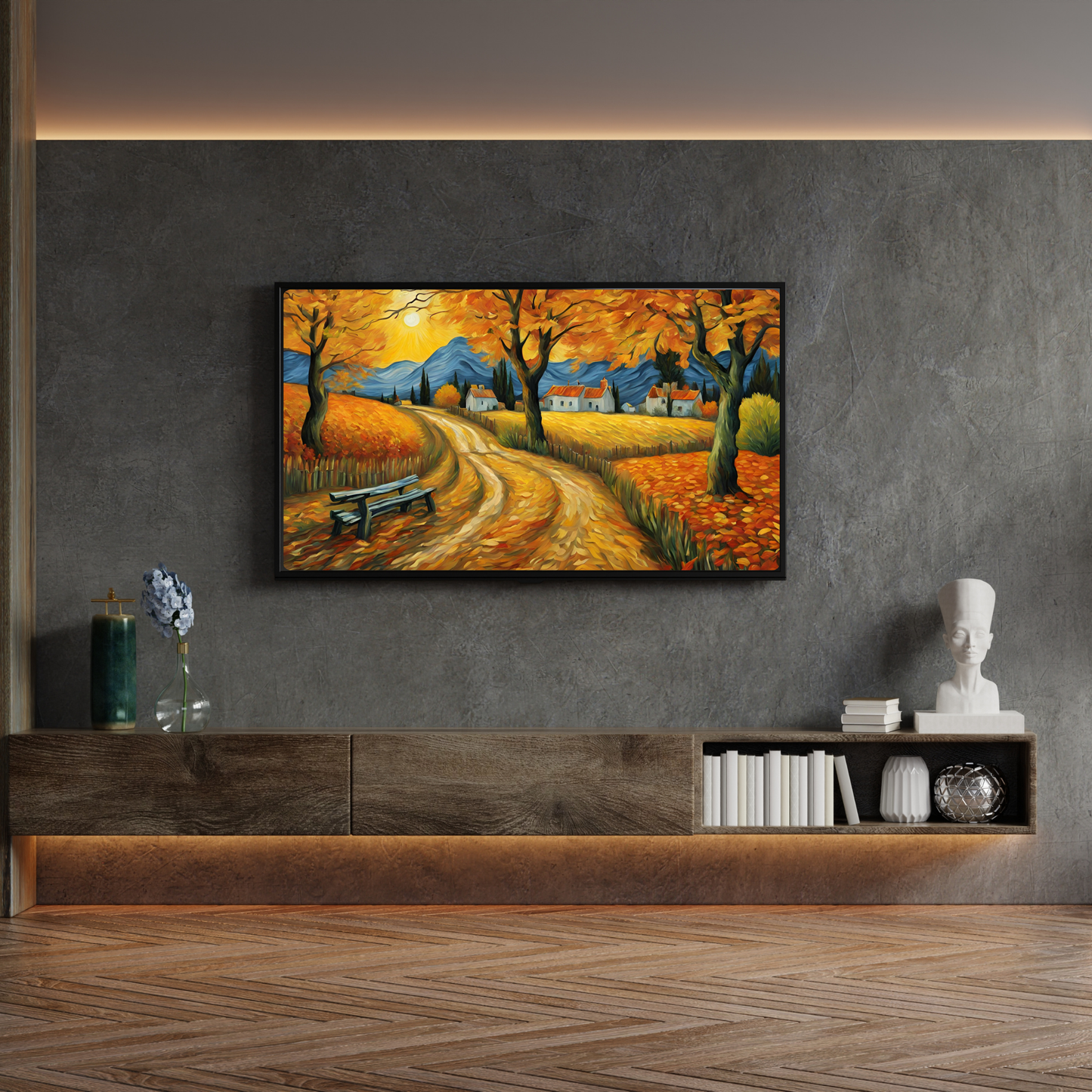 a living room with a painting on the wall