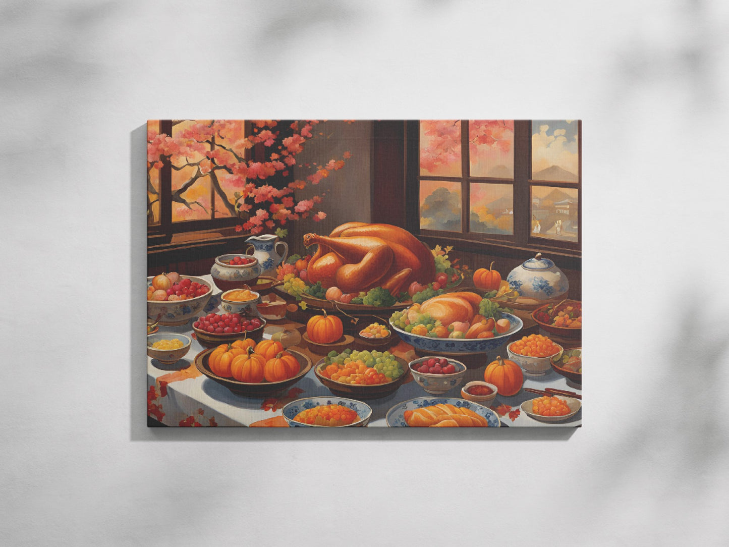 a painting of a turkey on a table full of food