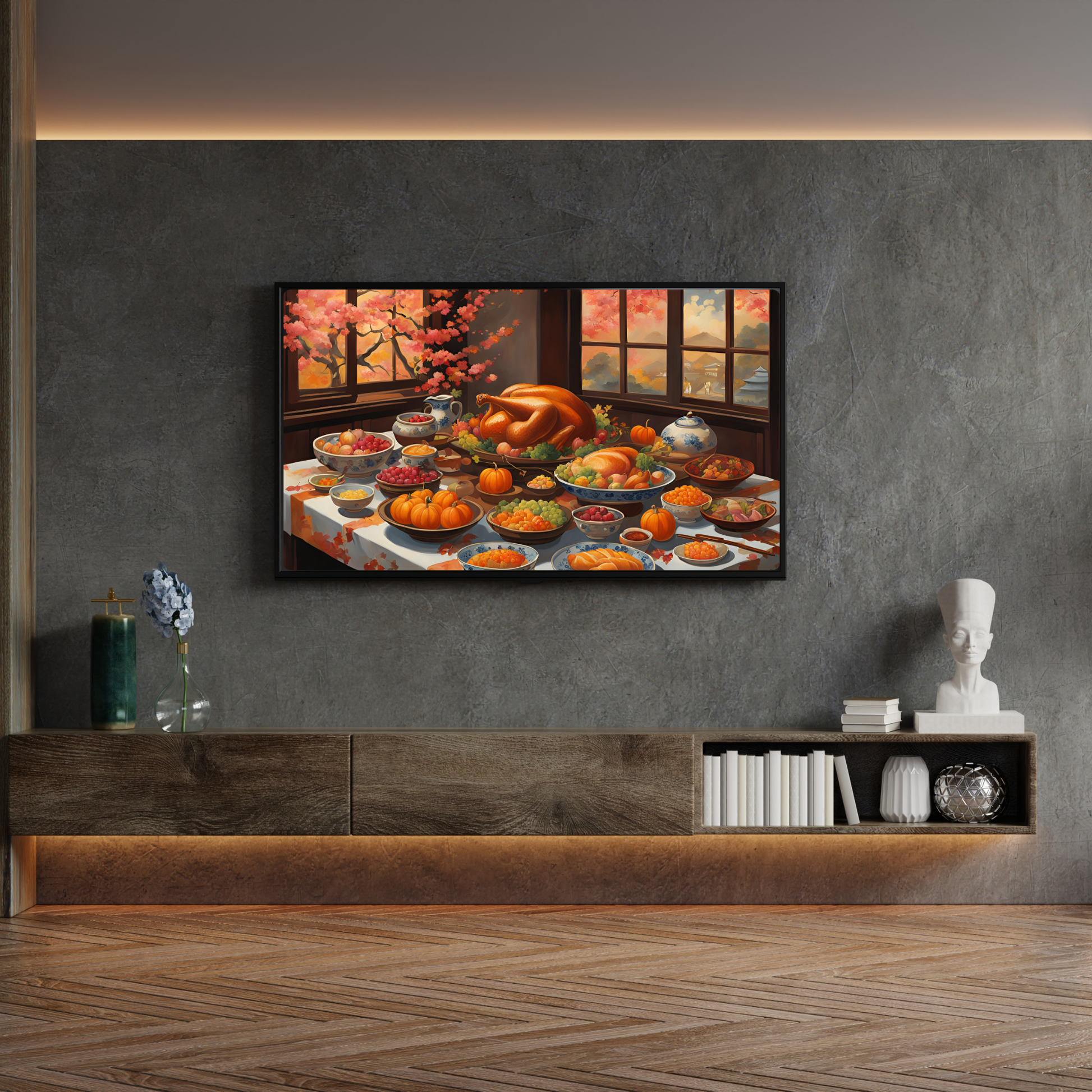 a painting of a table full of food