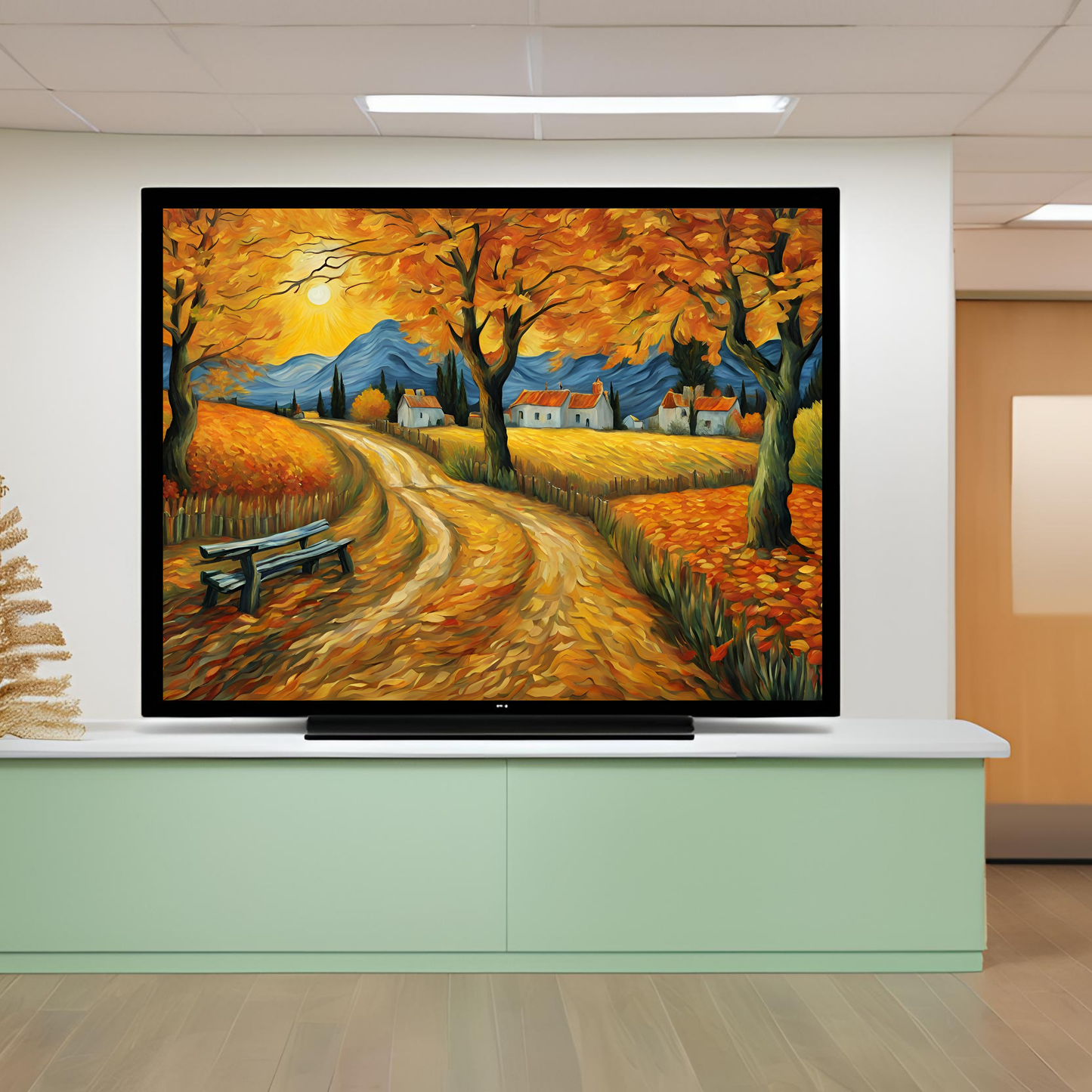 a painting of a road with a bench in front of it