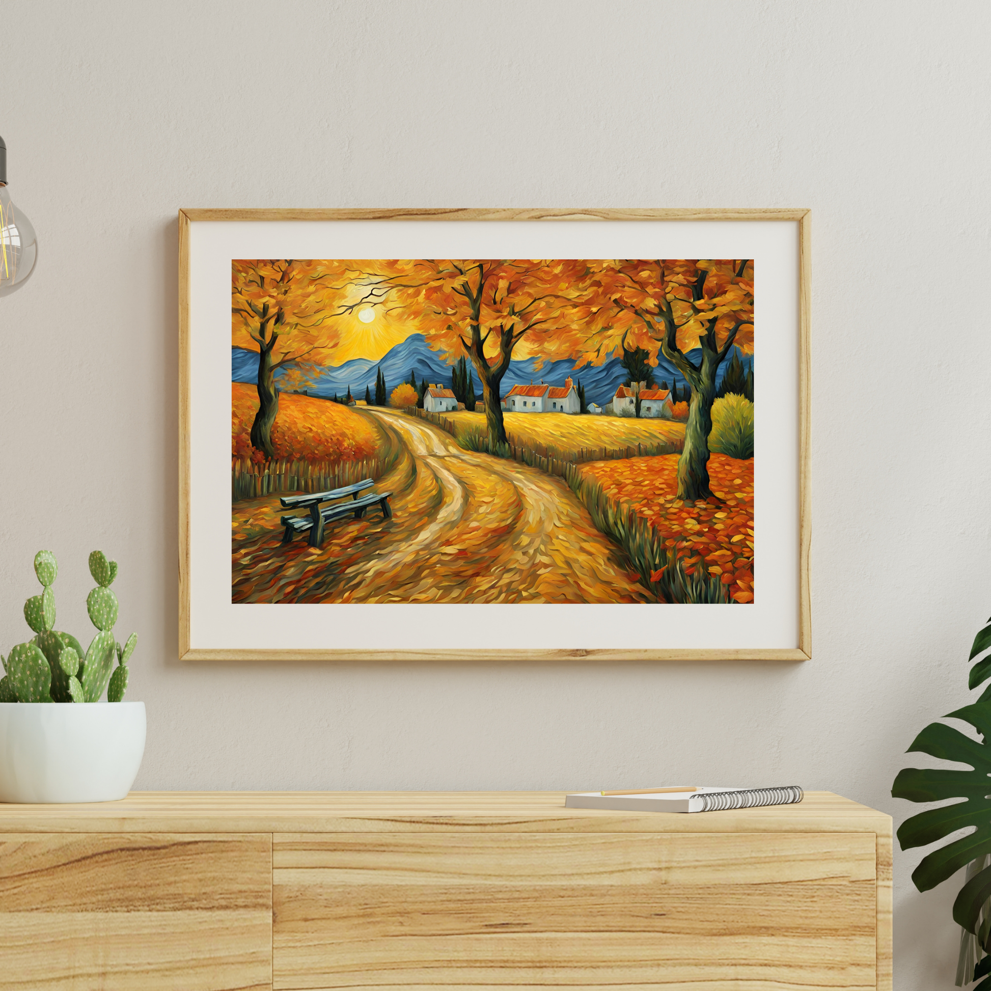 a painting of a country road with a house in the distance