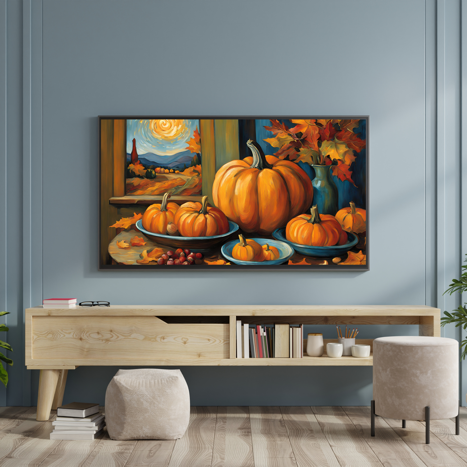 a painting of pumpkins on a blue wall