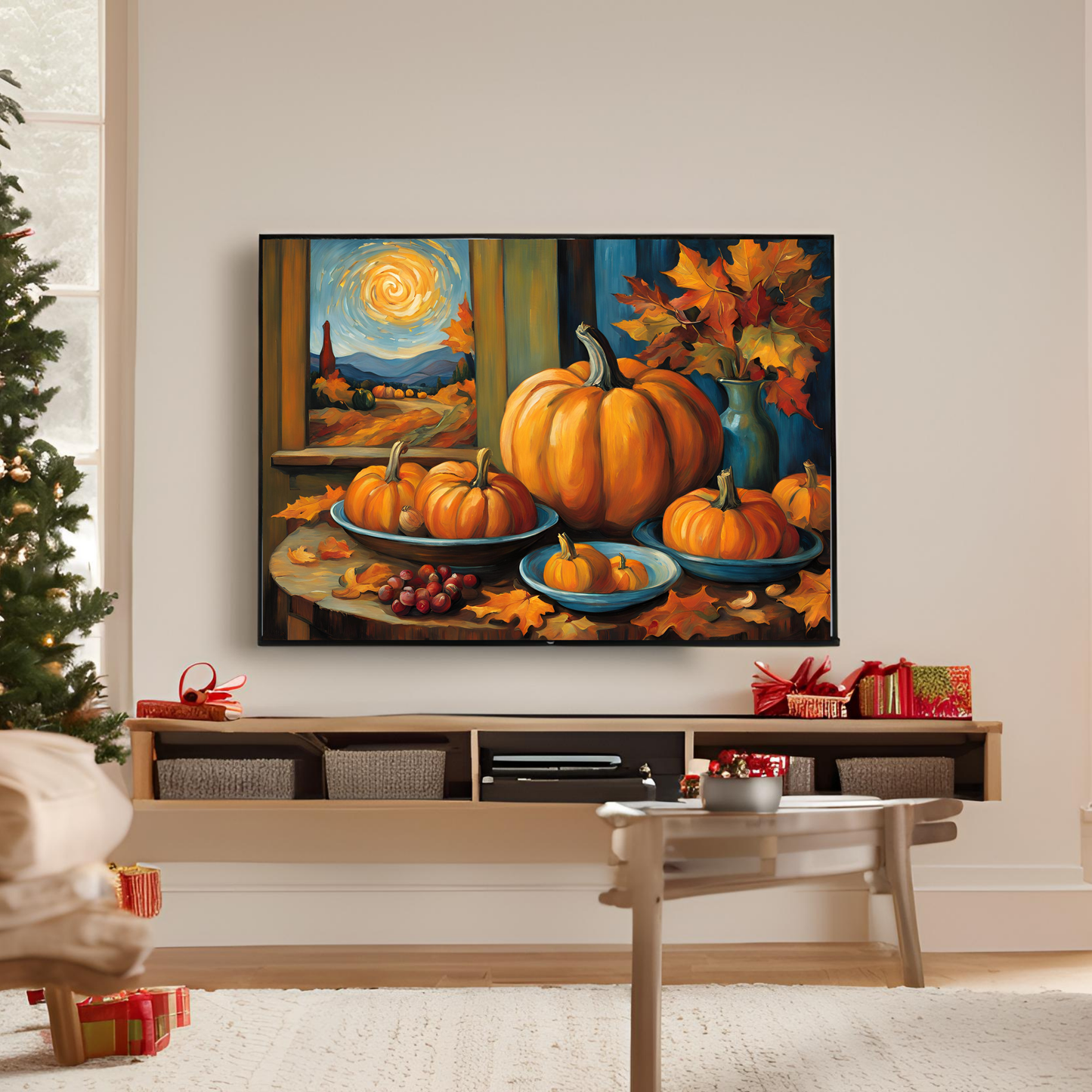 a painting of pumpkins on a table next to a christmas tree