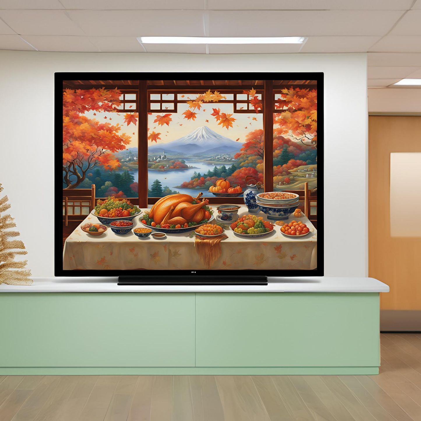 a painting of a thanksgiving dinner on a flat screen tv