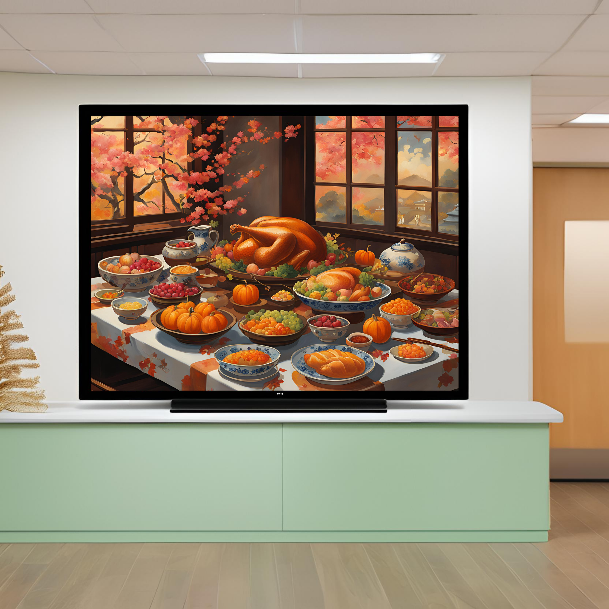 a painting of a thanksgiving dinner on a flat screen tv