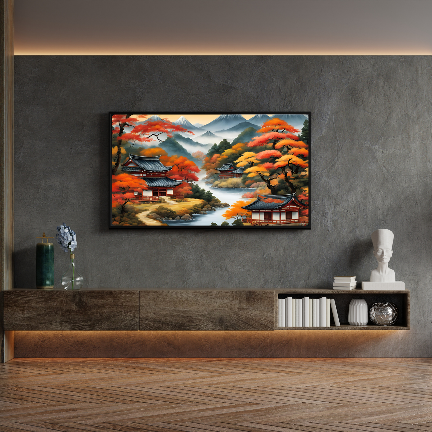 a living room with a painting on the wall