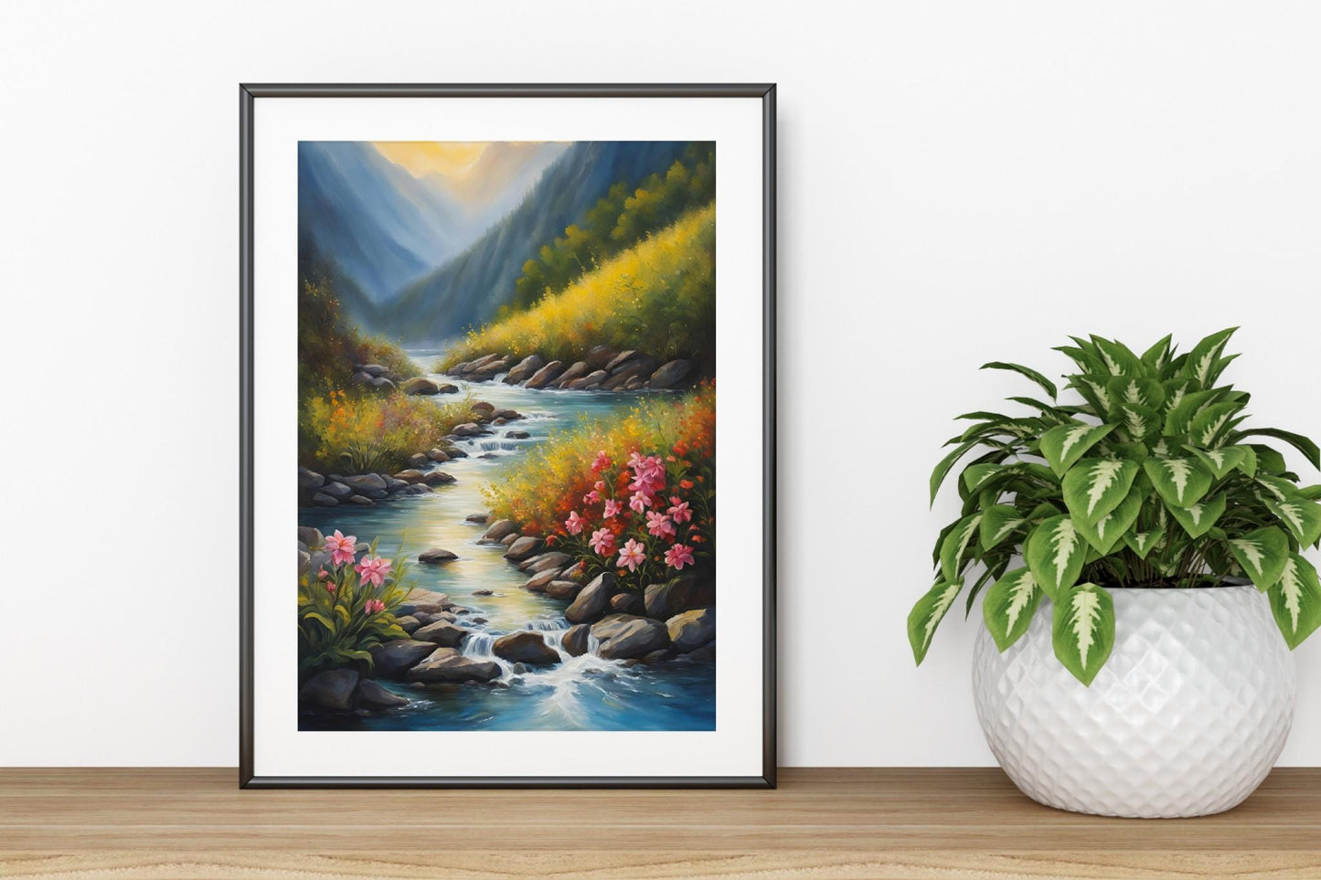 Serene Riverside Landscape Water colour Print - Summer or Spring Nature Art - Downloadable Wall Decor