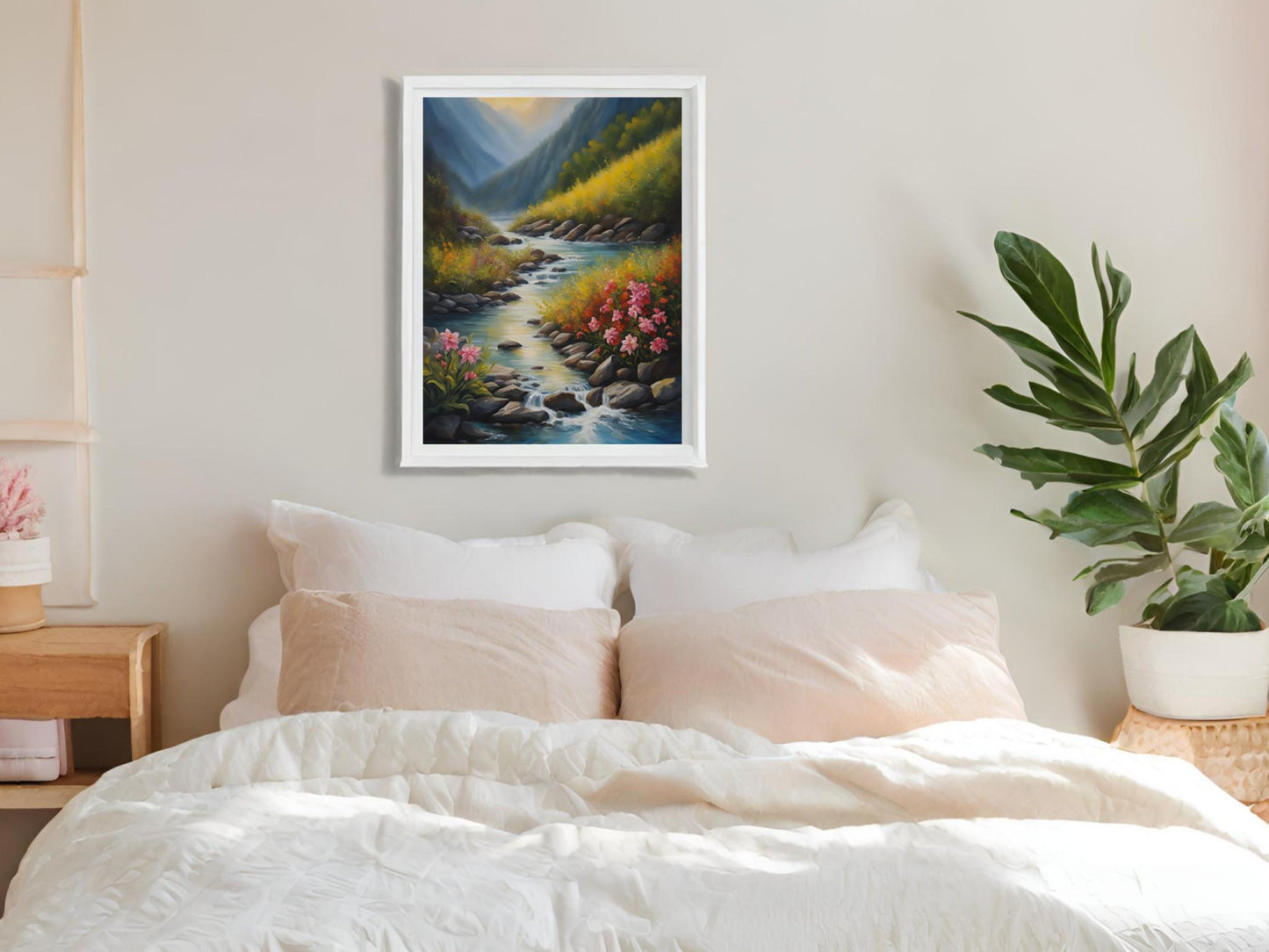 Serene Riverside Landscape Water colour Print - Summer or Spring Nature Art - Downloadable Wall Decor