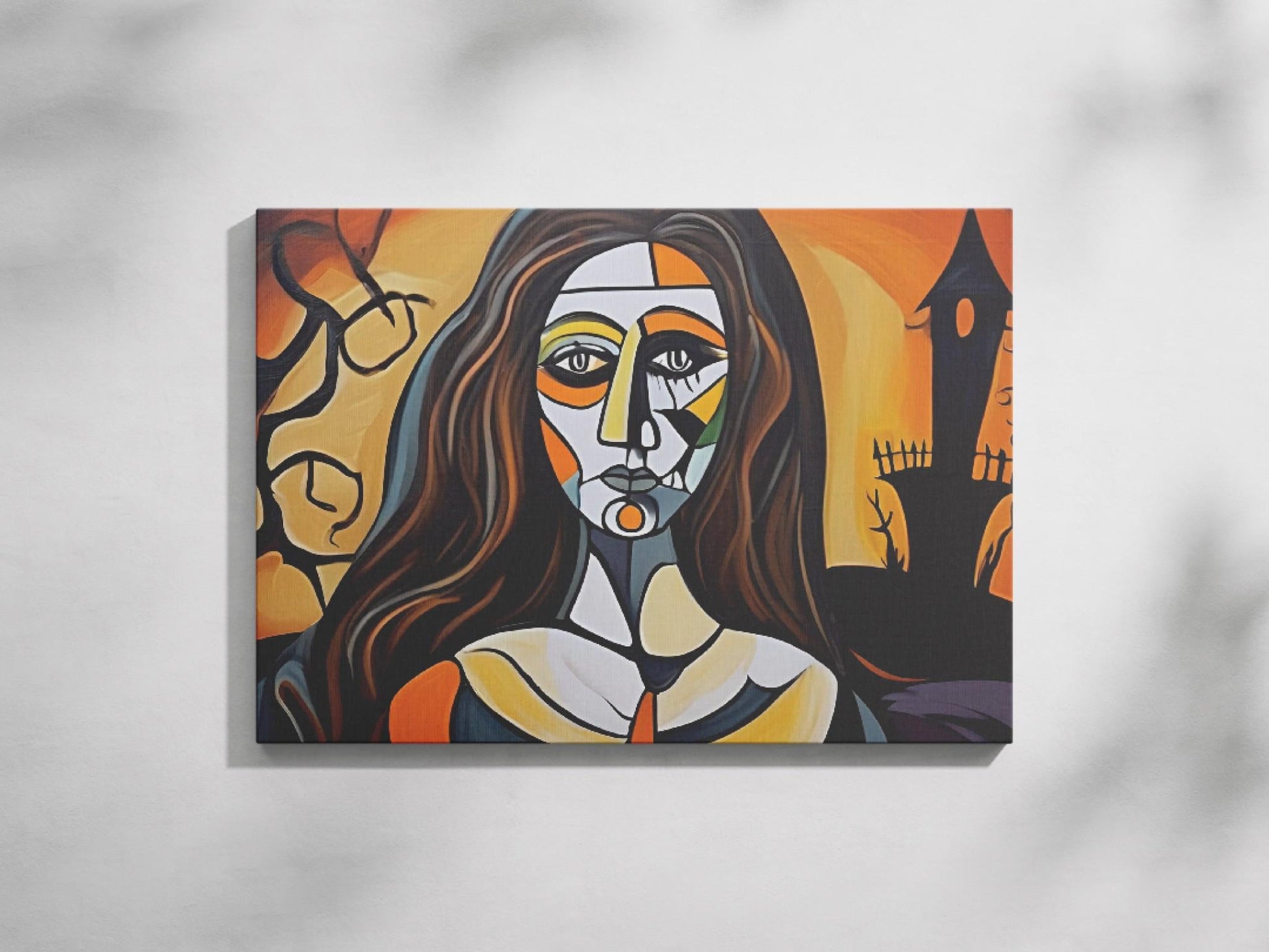 a painting of a woman&#39;s face on a white wall