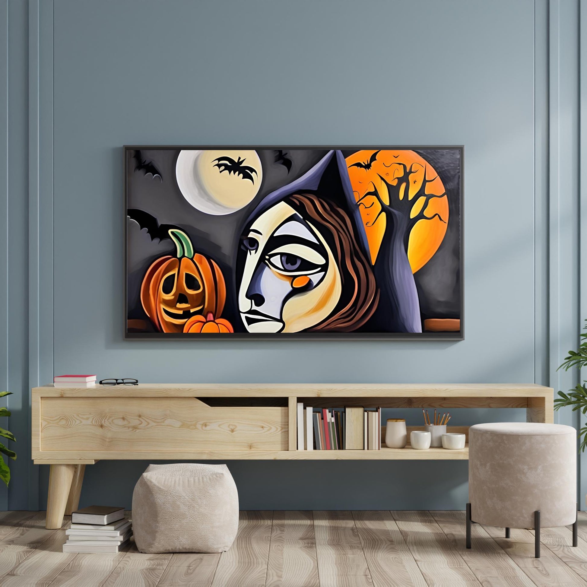 a painting of a woman in a witches hat on a wall