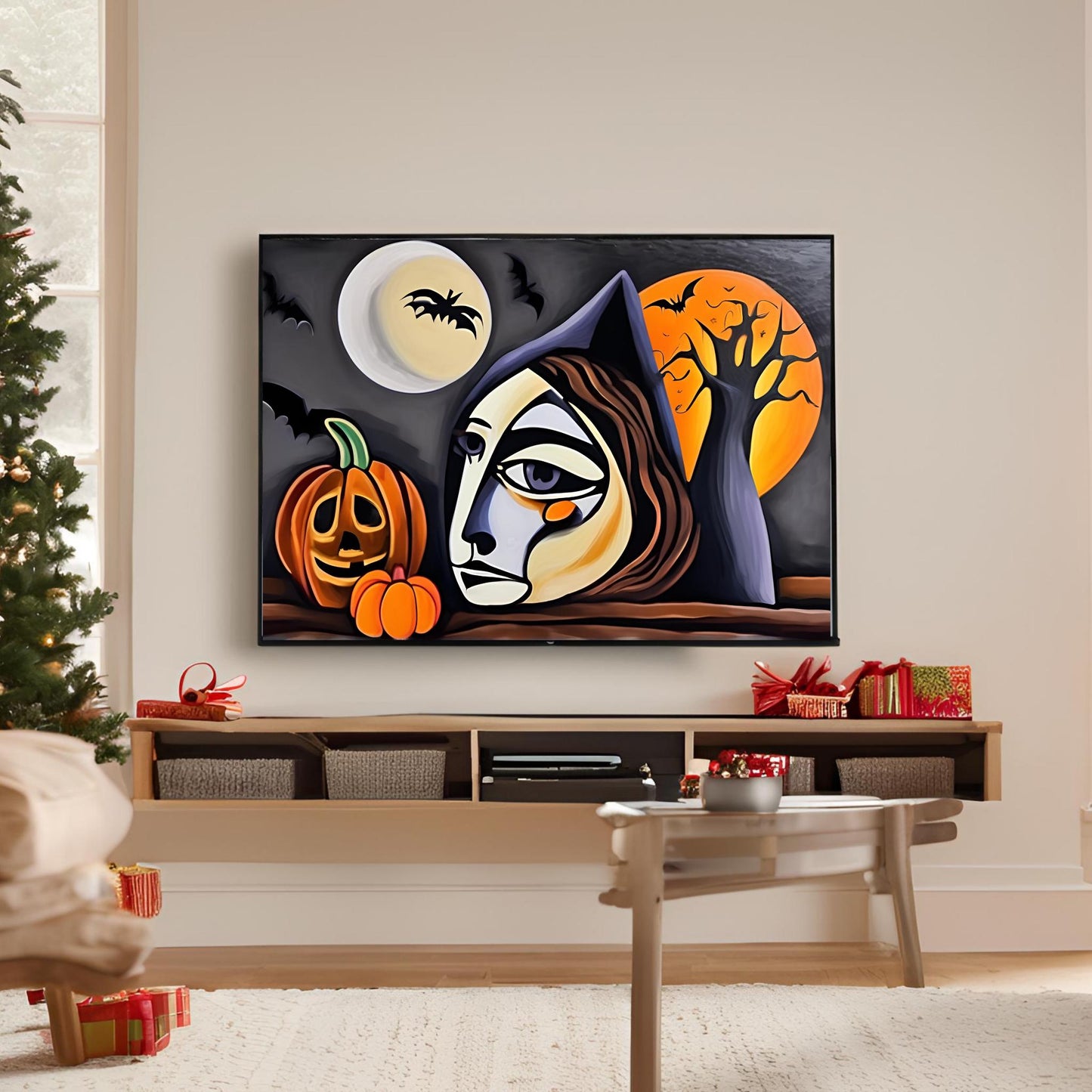 a living room with a painting of a woman and pumpkins