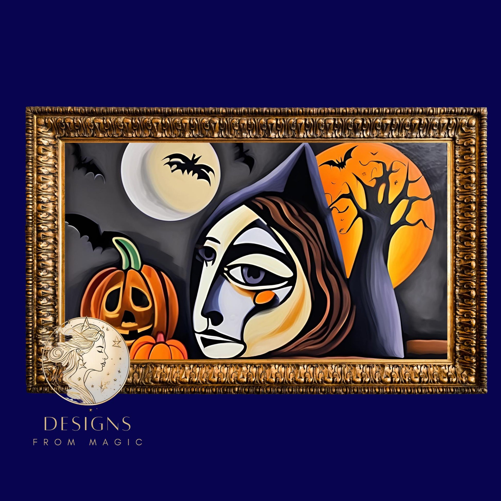 a painting of a woman wearing a witches hat