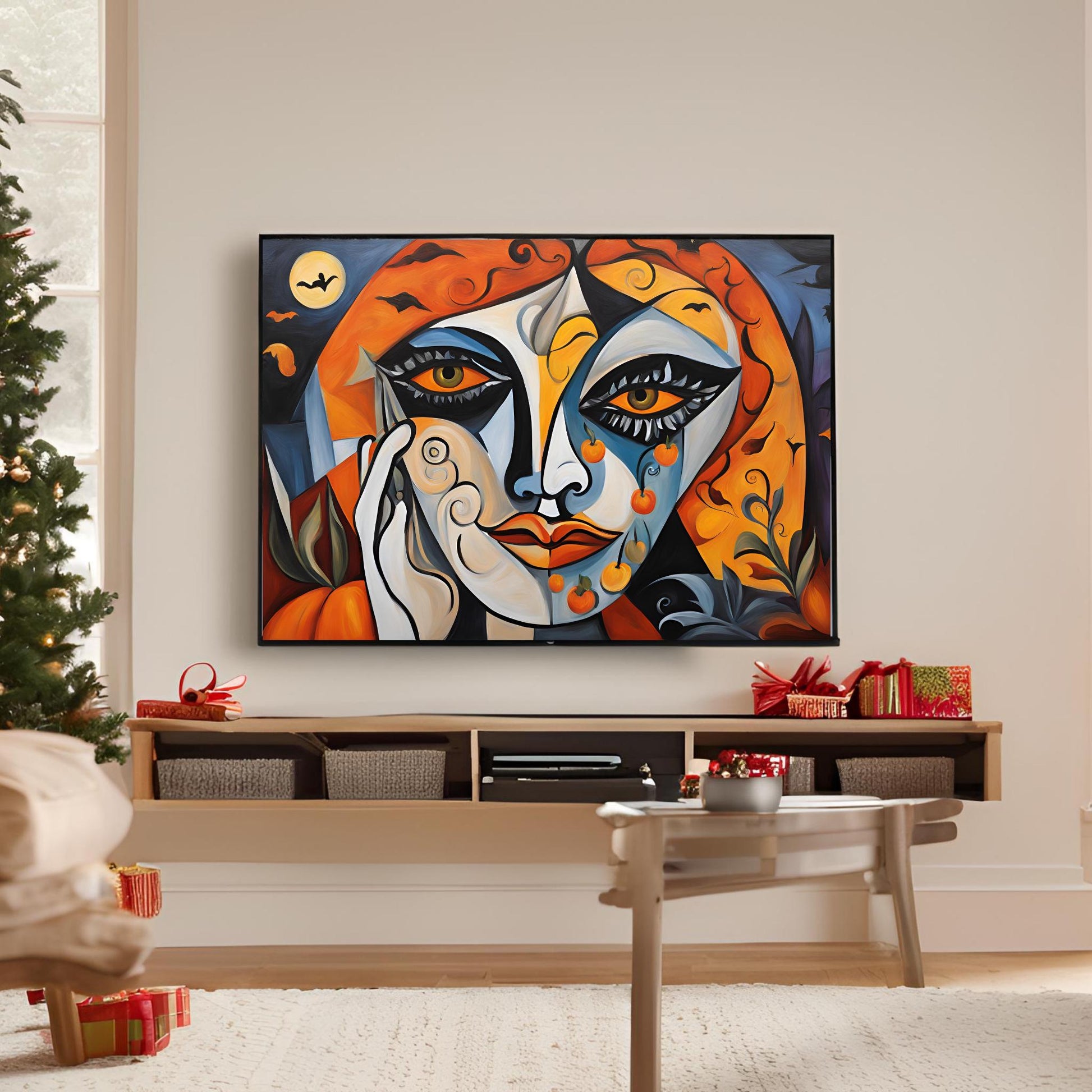 a living room with a christmas tree and a painting on the wall