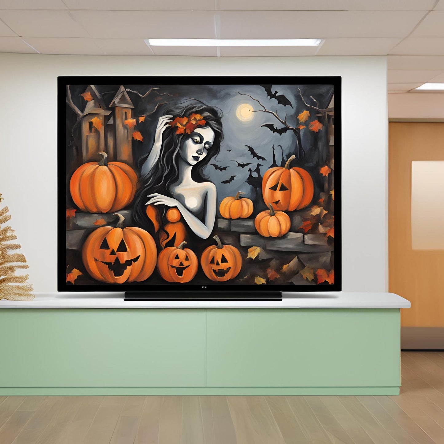 a painting of a woman surrounded by pumpkins