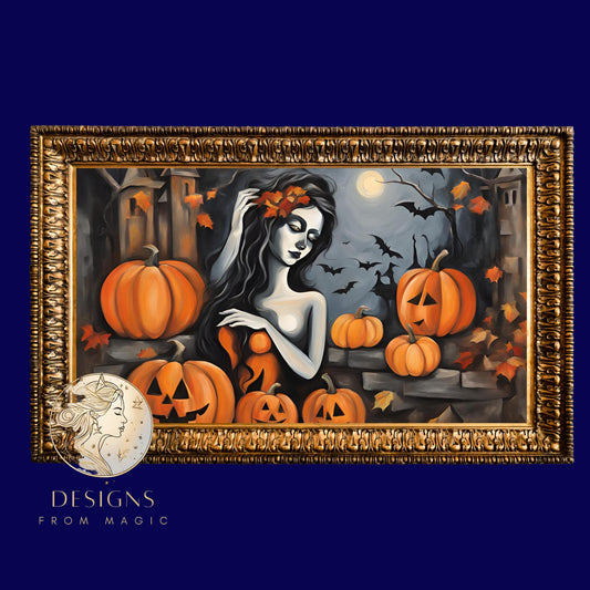 a painting of a woman surrounded by pumpkins