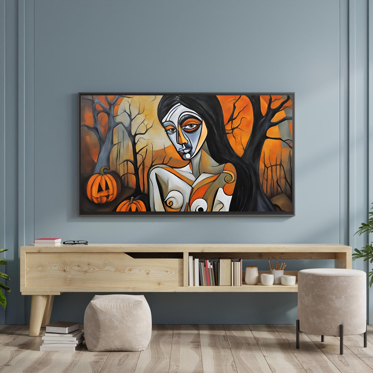 a painting of a woman holding a pumpkin in a blue room