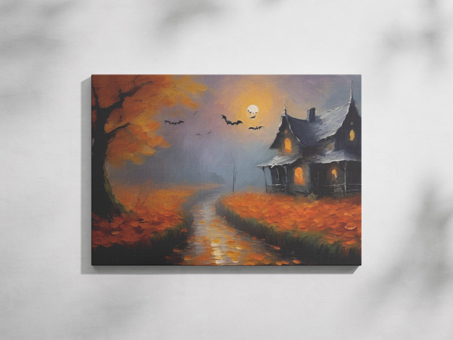 a painting of a house in the fall