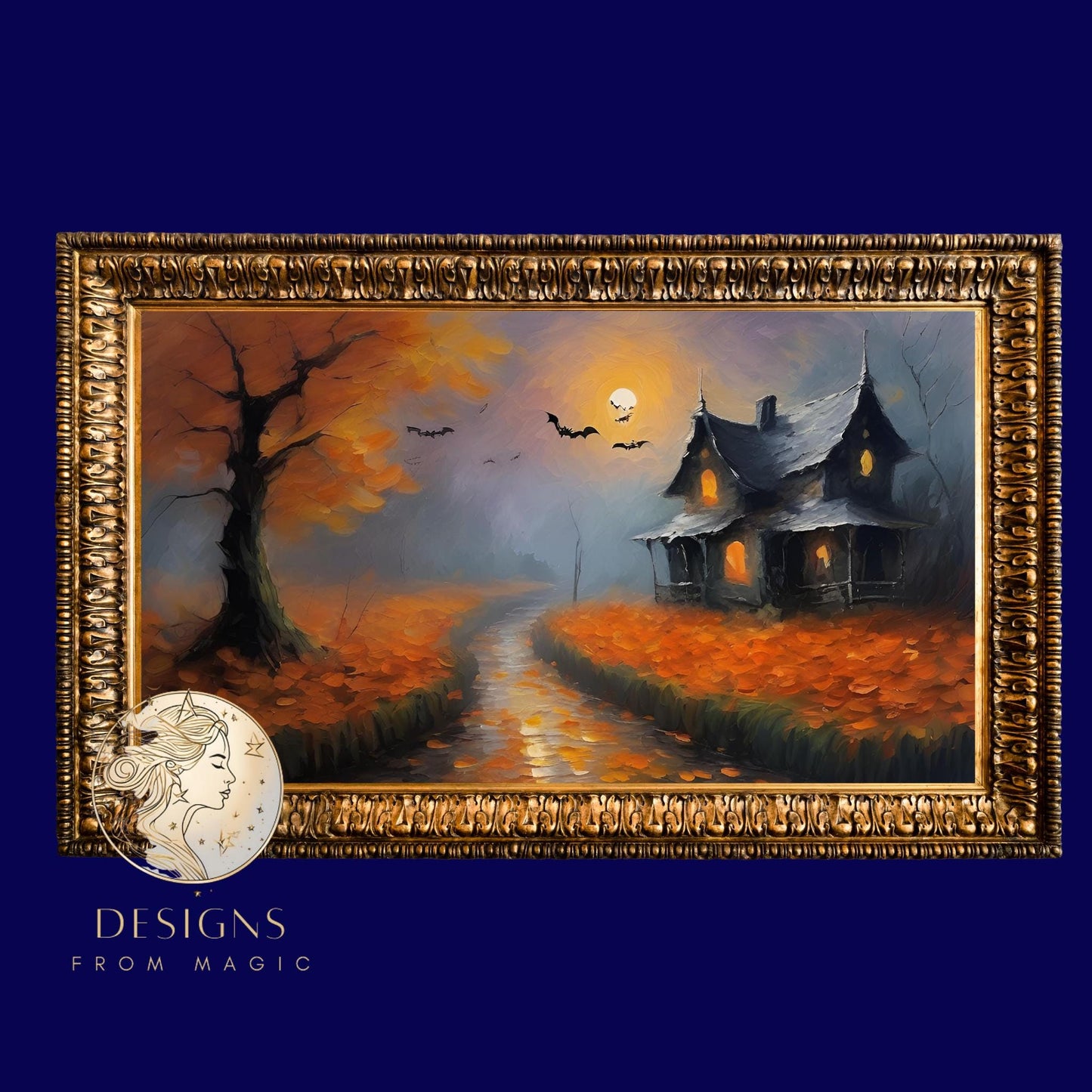 a painting of a house with a full moon in the background