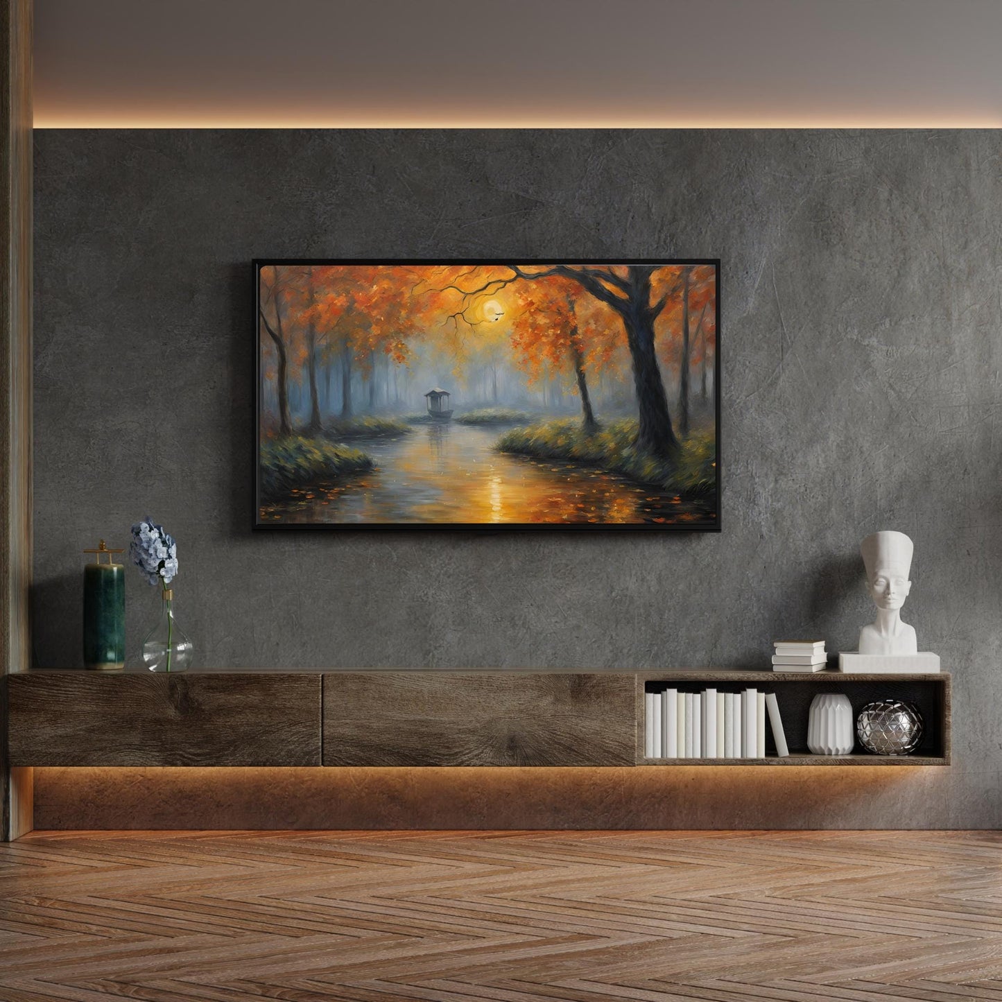 a living room with a painting on the wall