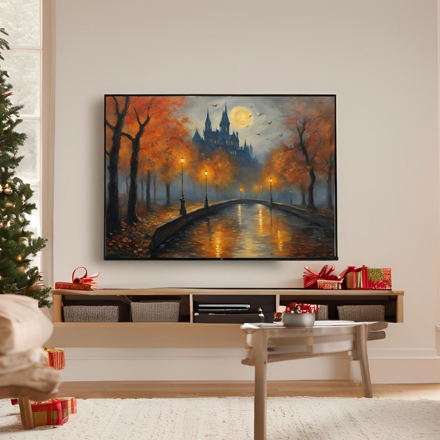 a living room with a christmas tree and a painting on the wall