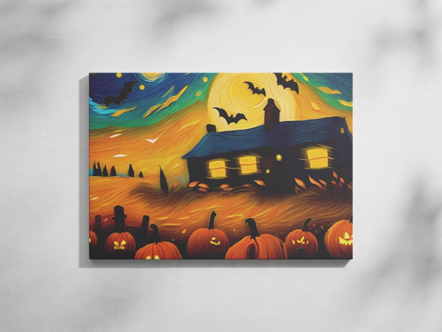 a painting of a house with pumpkins in front of it