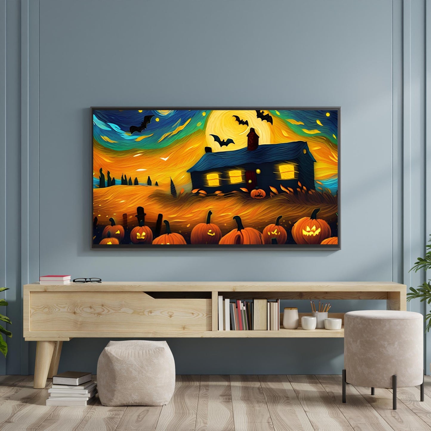 a painting of a house on a halloween night