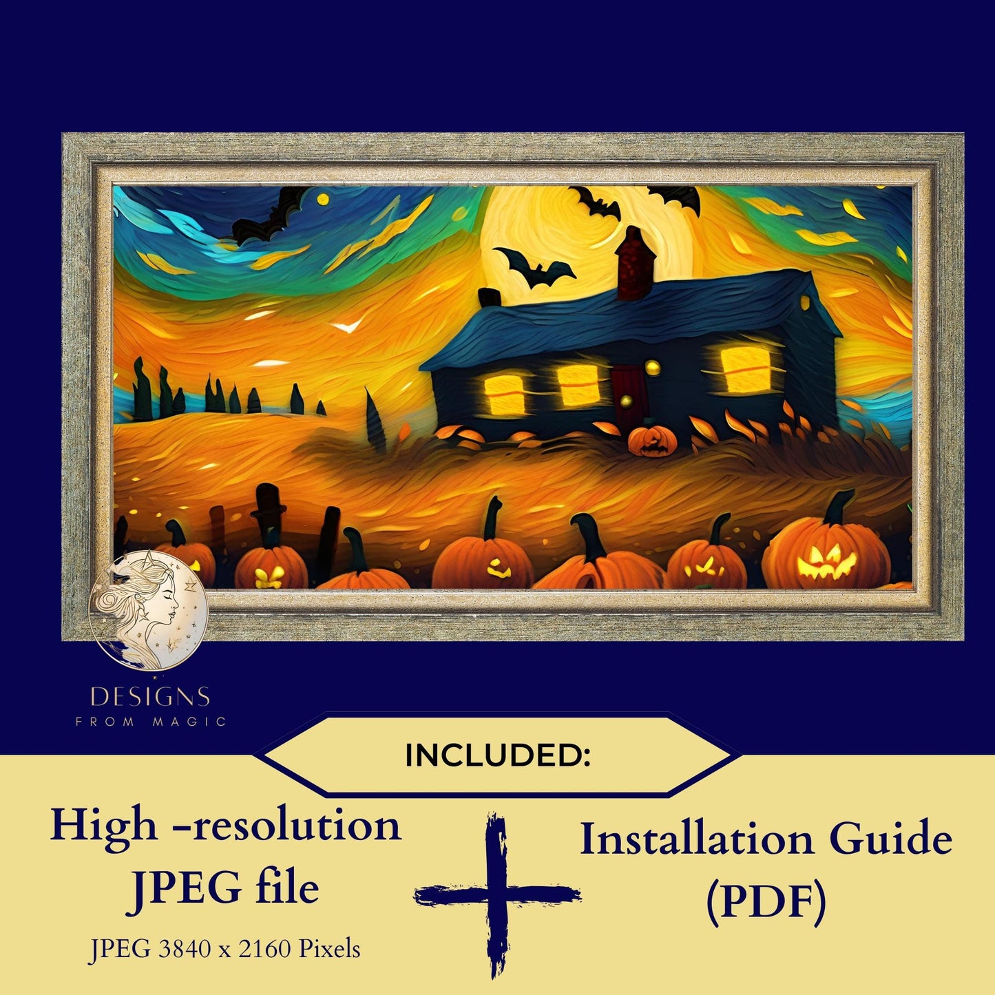 a painting of a house with pumpkins and bats