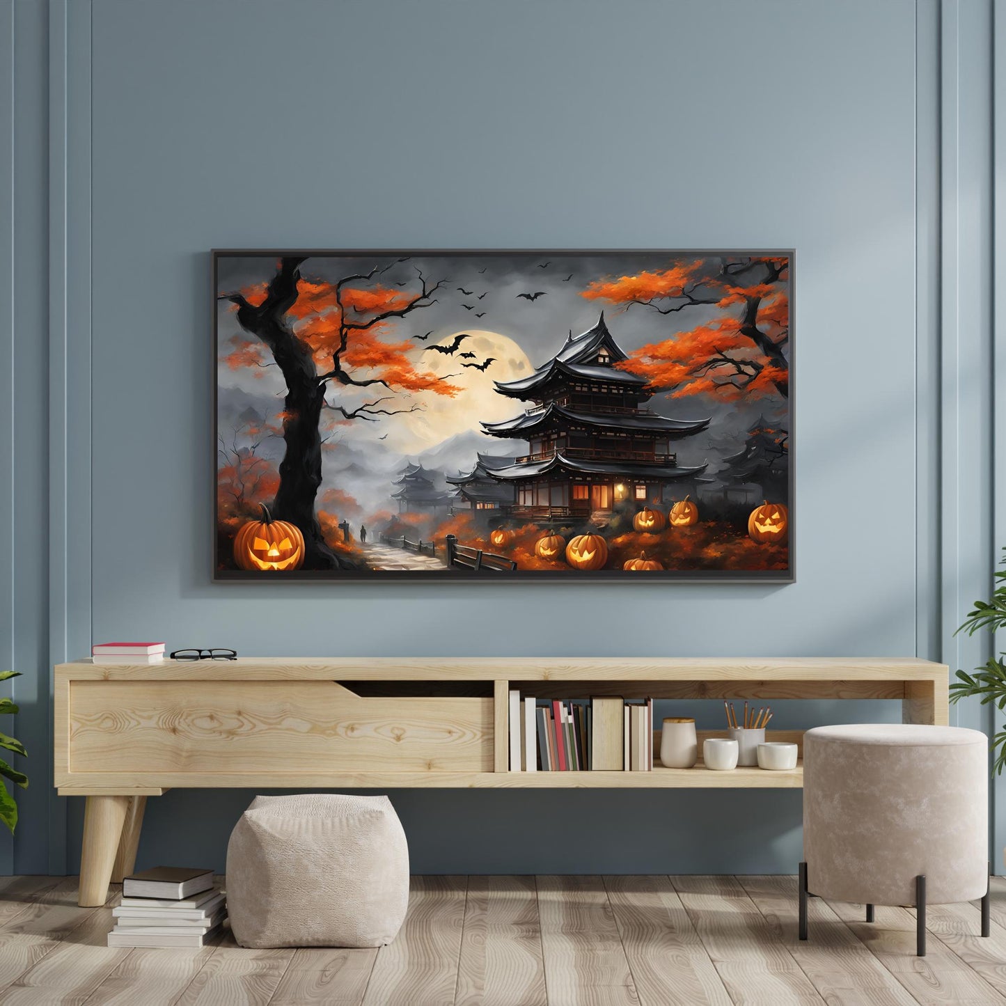 a painting of a halloween scene on a wall