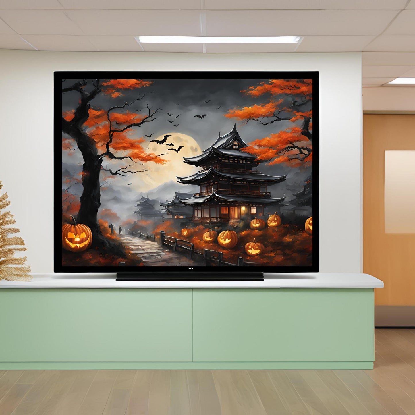 a painting of a halloween scene on a wall