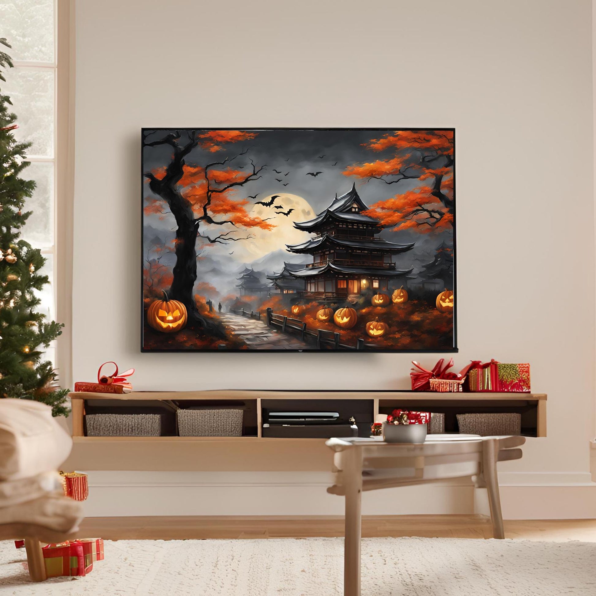 a painting of a halloween scene in a living room