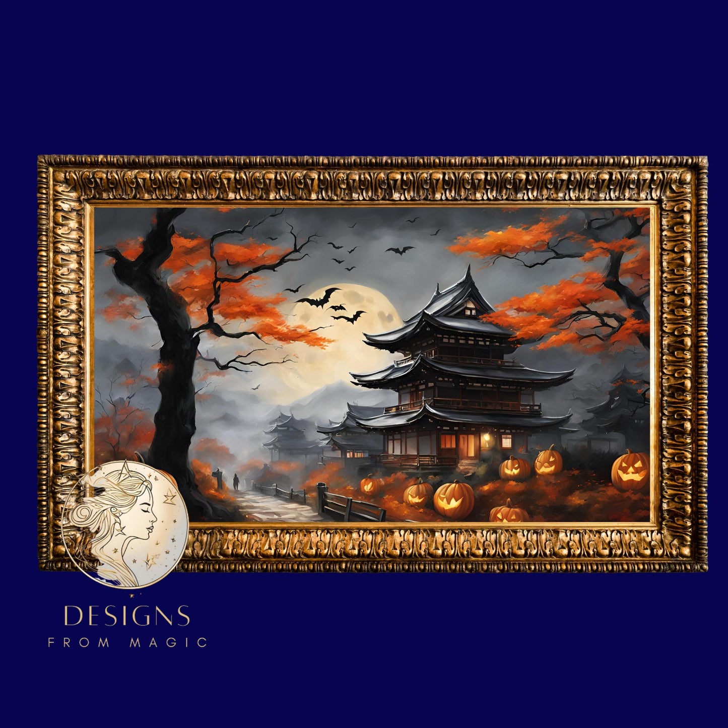 a painting of a pagoda with pumpkins on it