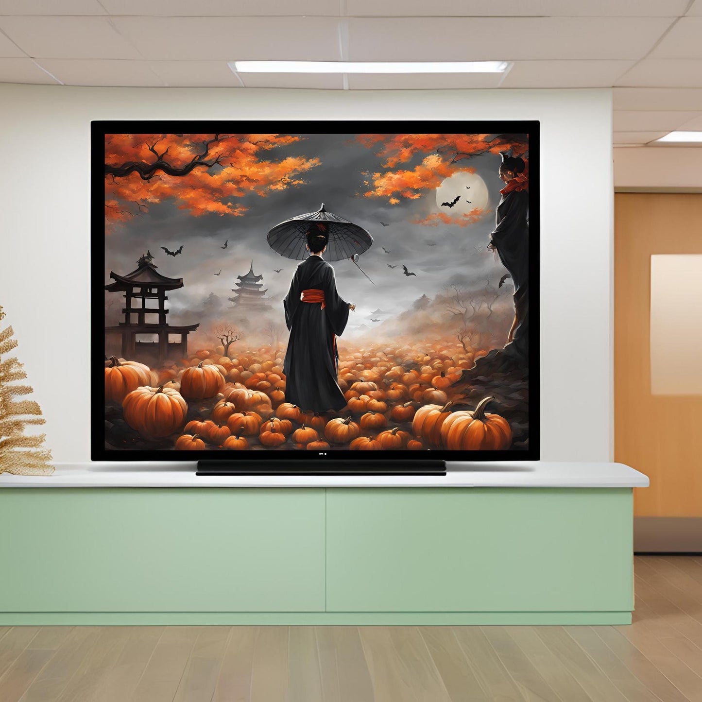 a tv screen with a painting of a person holding an umbrella