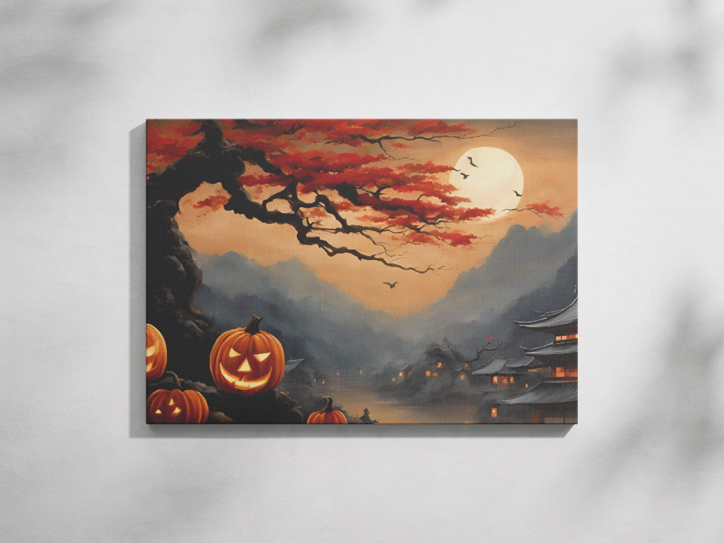 a painting of a halloween scene with pumpkins