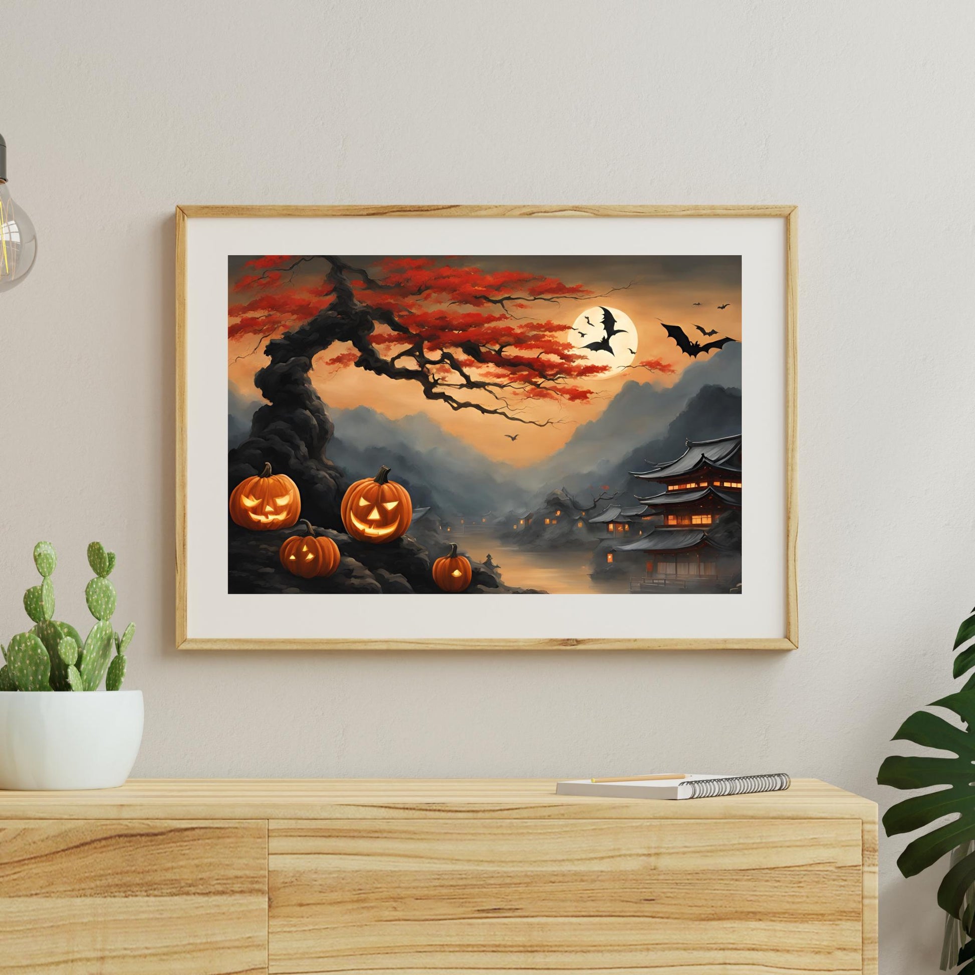 a painting of a halloween scene with jack o lantern pumpkins