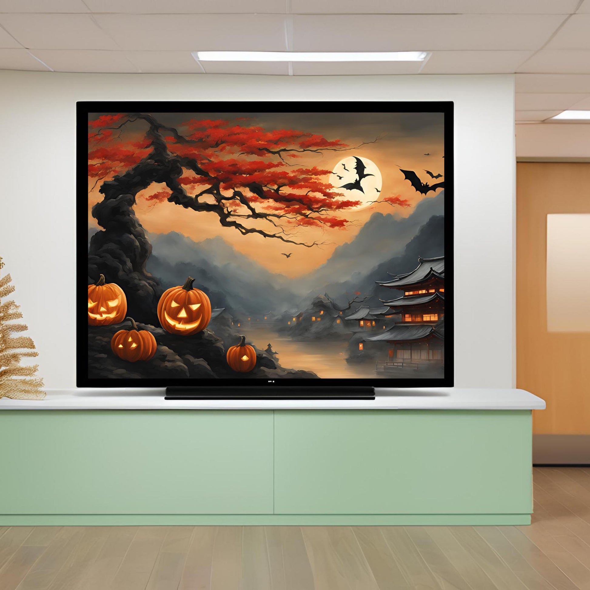 a television screen with a halloween scene on it