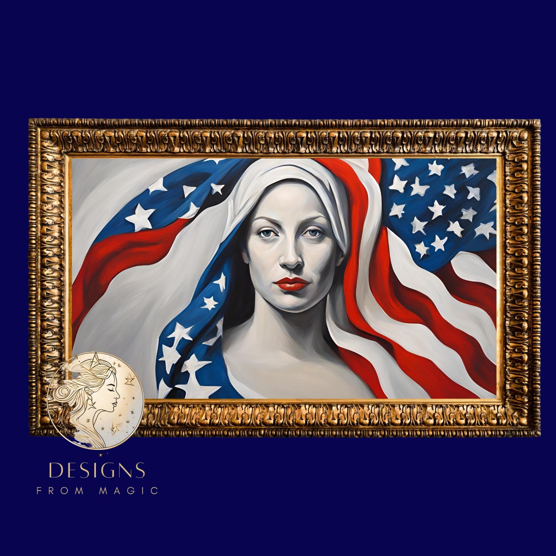 a painting of a woman with an american flag