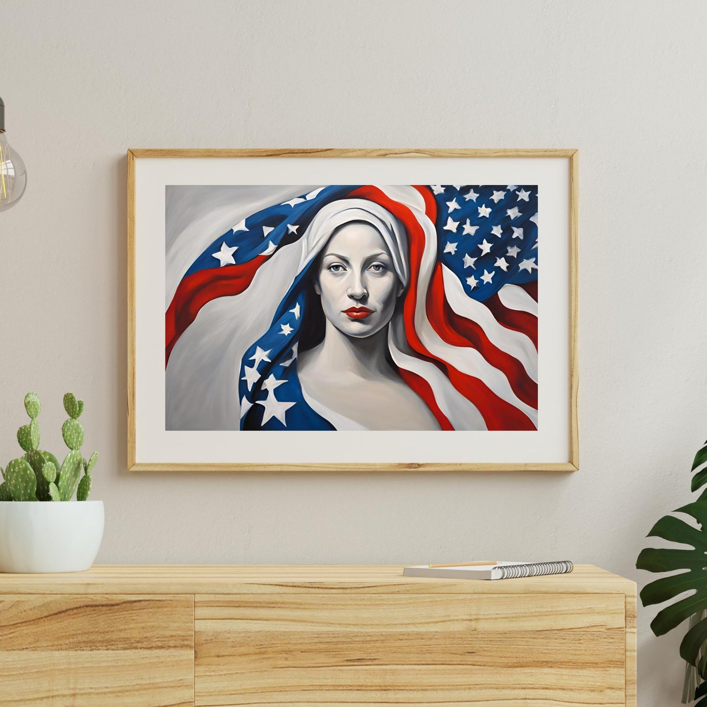 a painting of a woman with an american flag on her head