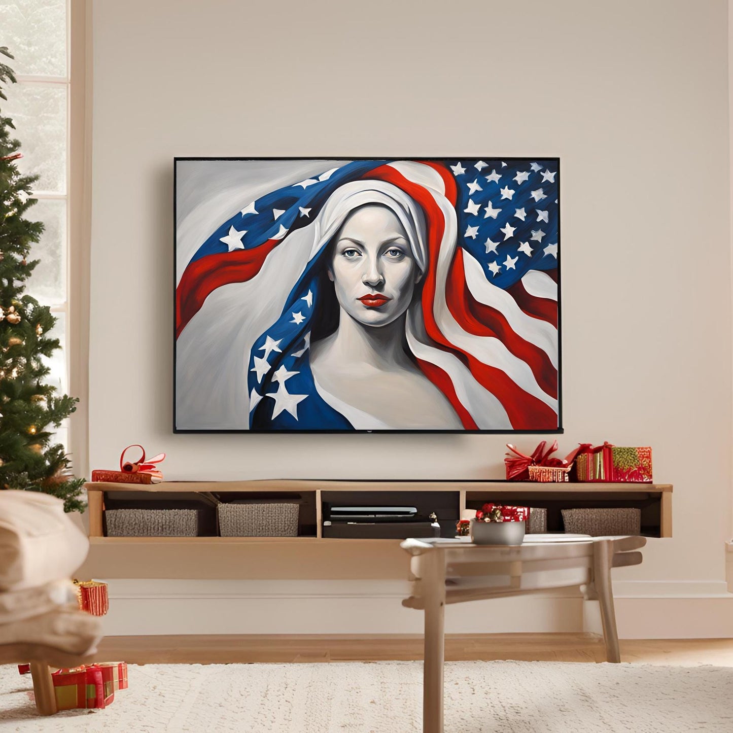 a painting of a woman with an american flag on it