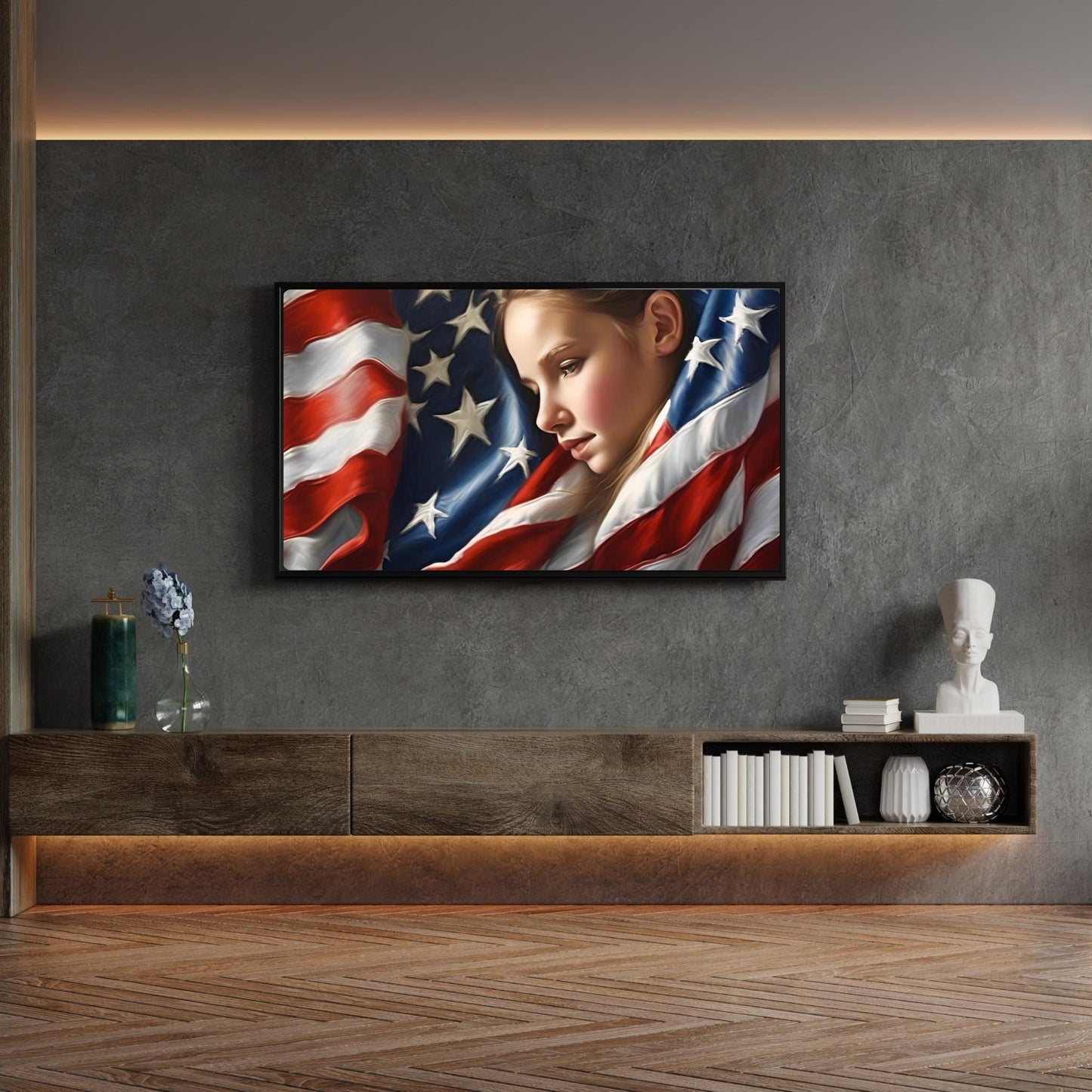 a painting of a young boy with an american flag on the wall