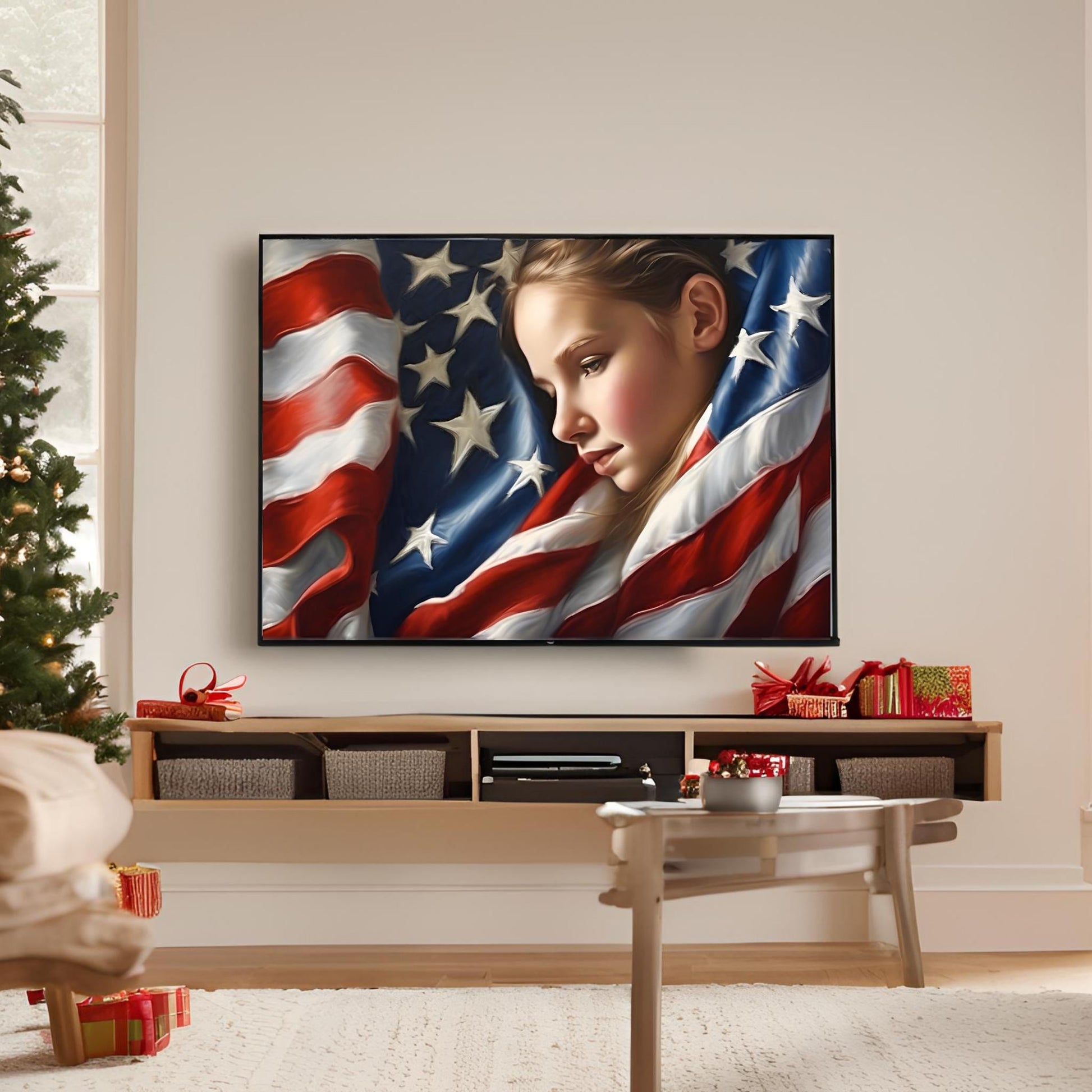 a living room with a christmas tree and a television