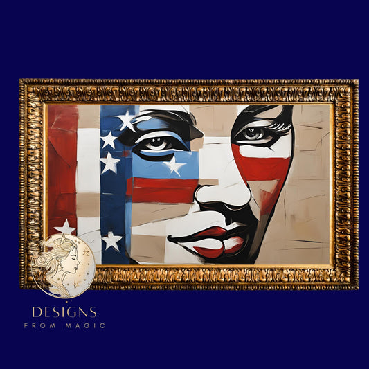 a painting of a woman&#39;s face with the american flag painted on it